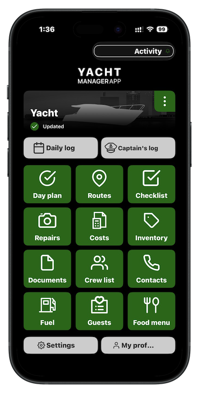 Yacht Manager App home screen: daily log, captain's log, day plan, routes, checklist, repairs, costs, inventory