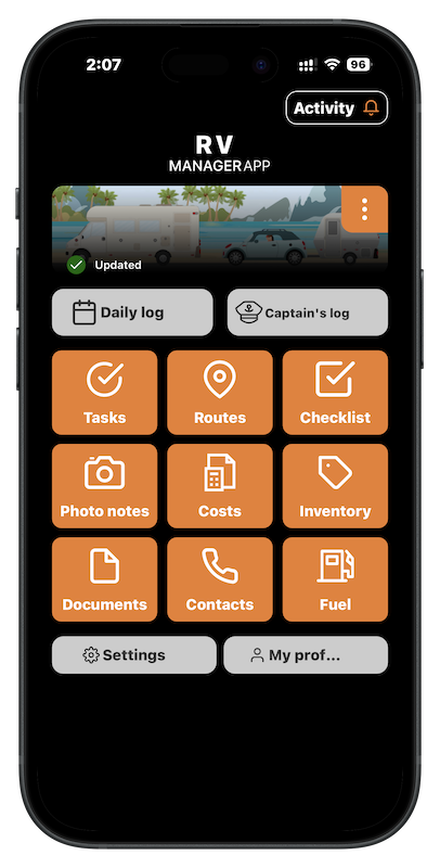 RV Manager App home screen: tasks, routes, checklist, photo notes, costs, inventory, fuel