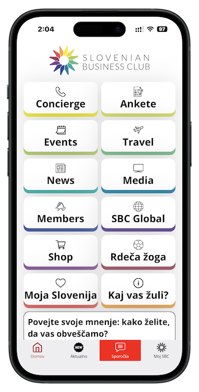 Slovenian Business Club app home screen: concierge, surveys, events, travel, news, media, members, shop