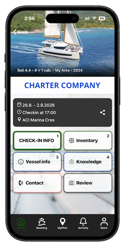 The Charter App home screen: the guest's booking with check-in info, inventory, vessel info, knowledge, contact and review