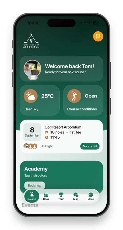 GolfOS player app: home screen with an active round