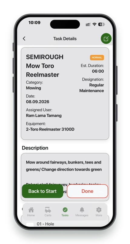 Golf Manager App, the GolfOS crew app: a task with its checklist